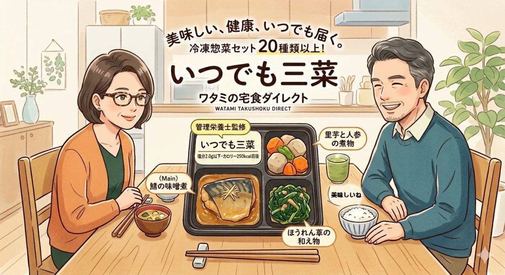 夜勤明けの夫とワタミ「いつでも三菜」を美味しそうに食べる夫婦