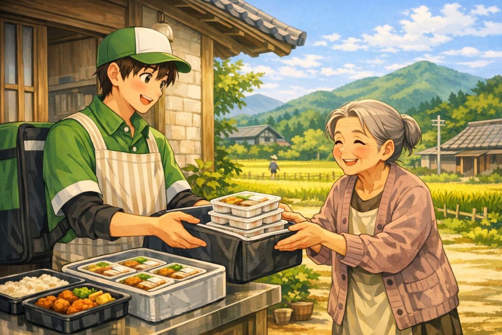 配達員が高齢女性に弁当をお届け