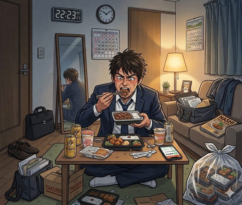 深夜、空腹には耐えられず、コンビニ弁当を、むさぼるように食べる一人暮らしの男性