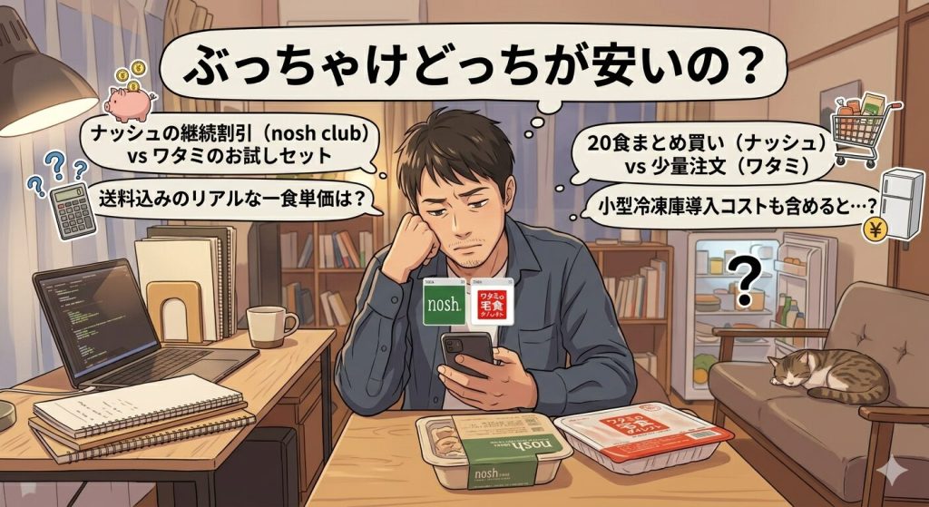 一人暮らしの30代男性が、宅配弁当「ナッシュ」と「ワタミの宅食ダイレクト」どちらが、「ぶっちゃけどっちが安いの？」と真剣に悩む