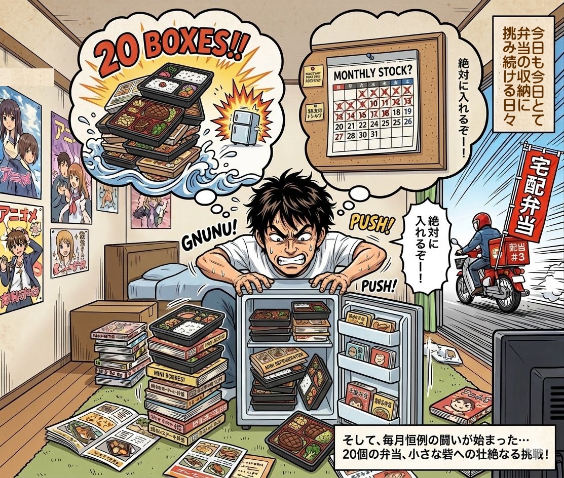 今日も今日とて宅配弁当の収納に挑み続ける男