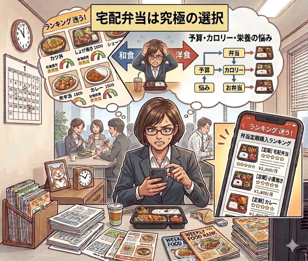 宅配弁当はどこがいいのかスマホを見ながら迷う女性