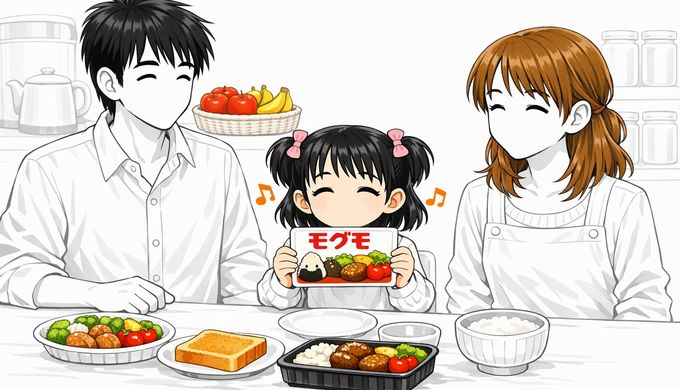 パパママと一緒に朝食を食べる少女